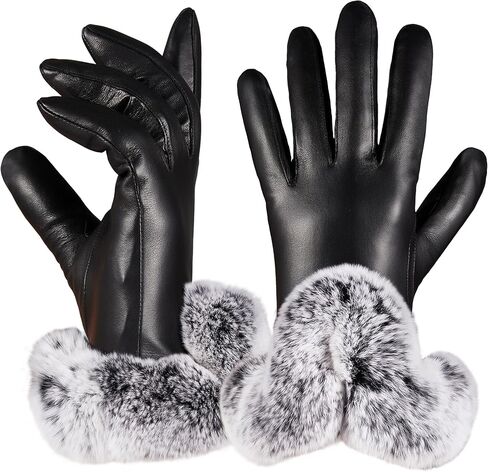 VIKIDEER Elegant Super Warm Fur Lined Gloves Women Leather Gloves Rabbit Fur Lining and Cuffs Touchscreen Driving in Kuwait