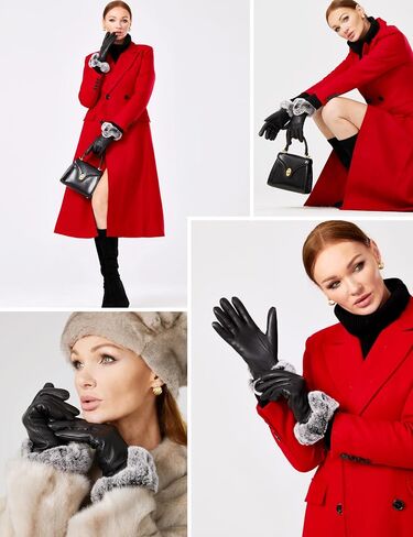 VIKIDEER Elegant Super Warm Fur Lined Gloves Women Leather Gloves Rabbit Fur Lining and Cuffs Touchscreen Driving in Kuwait