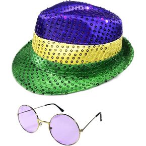 مجموعة اكسسوارات ازياء ماردي غرا تتضمن قبعة ماردي غرا فيدورا مع ترتر ونظارات شمسية للبالغين، قبعة ترتر بنمط هوليوود اكسسوارات ازياء تنكرية لوازم تزيين الحفلات in Kuwait
