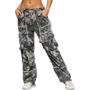 KGYA Unisex Camo Cargo Pants, Multi Pockets Raw Edge Oversized Straight Zipper Wide Legs Streetwear for Hip Hop Men Women in Kuwait