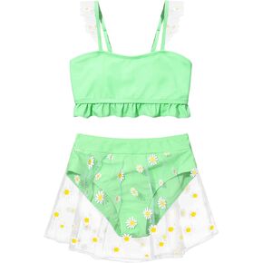 الفتيات المايوه طباعة ديزي شبكة كشكش تقليم بيكيني مجموعات 2 قطعة ملابس السباحة مع تنورة يغطي 7-14 سنة in Kuwait