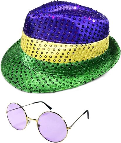 مجموعة اكسسوارات ازياء ماردي غرا تتضمن قبعة ماردي غرا فيدورا مع ترتر ونظارات شمسية للبالغين، قبعة ترتر بنمط هوليوود اكسسوارات ازياء تنكرية لوازم تزيين الحفلات in Kuwait