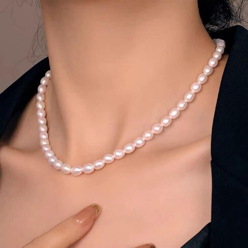 قلادة من لؤلؤ البذور الطبيعية، مملوءة بالذهب عيار 14 قيراط، 7-8 مم لكل لؤلؤة، 15.7 بوصة + 1.18 بوصة، قلادة من لؤلؤ المياه العذبة الطبيعية للنساء والفتيات، سلسلة الترقوة، صناعة يدوية دقيقة، هدية، زفاف، عيد ميلاد in Kuwait