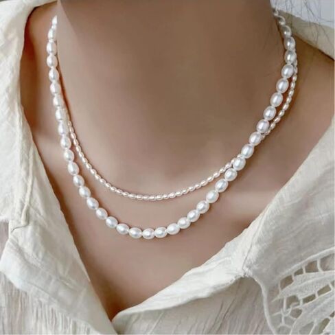 قلادة من لؤلؤ البذور الطبيعية، مملوءة بالذهب عيار 14 قيراط، 7-8 مم لكل لؤلؤة، 15.7 بوصة + 1.18 بوصة، قلادة من لؤلؤ المياه العذبة الطبيعية للنساء والفتيات، سلسلة الترقوة، صناعة يدوية دقيقة، هدية، زفاف، عيد ميلاد in Kuwait