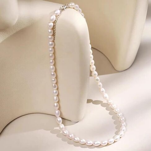 قلادة من لؤلؤ البذور الطبيعية، مملوءة بالذهب عيار 14 قيراط، 7-8 مم لكل لؤلؤة، 15.7 بوصة + 1.18 بوصة، قلادة من لؤلؤ المياه العذبة الطبيعية للنساء والفتيات، سلسلة الترقوة، صناعة يدوية دقيقة، هدية، زفاف، عيد ميلاد in Kuwait