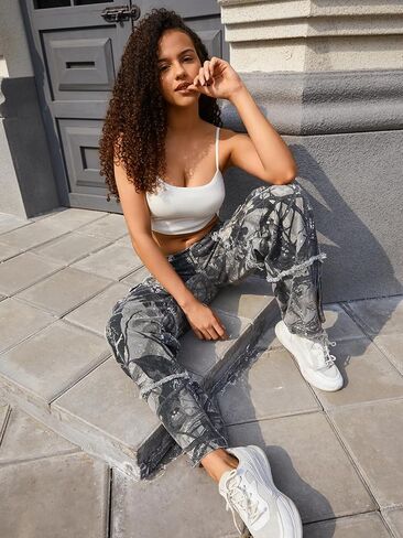 KGYA Unisex Camo Cargo Pants, Multi Pockets Raw Edge Oversized Straight Zipper Wide Legs Streetwear for Hip Hop Men Women in Kuwait