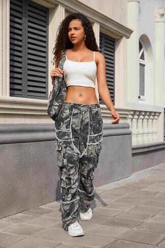 KGYA Unisex Camo Cargo Pants, Multi Pockets Raw Edge Oversized Straight Zipper Wide Legs Streetwear for Hip Hop Men Women in Kuwait