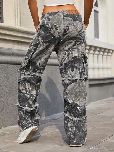 KGYA Unisex Camo Cargo Pants, Multi Pockets Raw Edge Oversized Straight Zipper Wide Legs Streetwear for Hip Hop Men Women in Kuwait