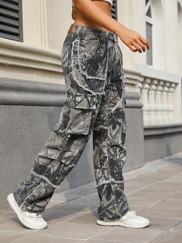 KGYA Unisex Camo Cargo Pants, Multi Pockets Raw Edge Oversized Straight Zipper Wide Legs Streetwear for Hip Hop Men Women in Kuwait
