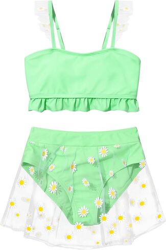 الفتيات المايوه طباعة ديزي شبكة كشكش تقليم بيكيني مجموعات 2 قطعة ملابس السباحة مع تنورة يغطي 7-14 سنة in Kuwait