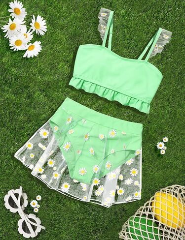 الفتيات المايوه طباعة ديزي شبكة كشكش تقليم بيكيني مجموعات 2 قطعة ملابس السباحة مع تنورة يغطي 7-14 سنة in Kuwait