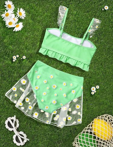 الفتيات المايوه طباعة ديزي شبكة كشكش تقليم بيكيني مجموعات 2 قطعة ملابس السباحة مع تنورة يغطي 7-14 سنة in Kuwait