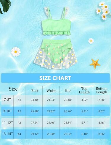 الفتيات المايوه طباعة ديزي شبكة كشكش تقليم بيكيني مجموعات 2 قطعة ملابس السباحة مع تنورة يغطي 7-14 سنة in Kuwait