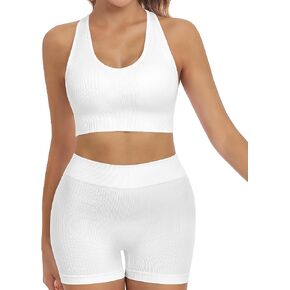 HORISUN Workout Sets Two Piece Outfits for Women,Seamless Ribbed Crop Tank Gym Yoga Shorts Sets High Waist Tracksuit