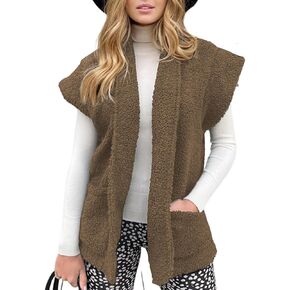 Ladmous Womens Winter Fuzzy Fleece Vest Jacket Sleeveless Vest Coat Open Front Sherpa Cardigan Vest with Pockets