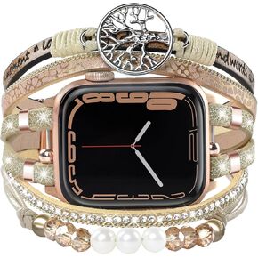 Boho Beaded Bracelet for Apple Watch Band 40mm 38mm 41mm 44mm 42mm 45mm Women, Bling Handmade Multilayer Leather Wrap Strap Accessories for iWatch Bands SE Series 9 8 7 6 5 4 3 2 1 in Saudi Arabia