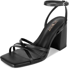 كعب مكتنز من ويت كيس للنساء بكعب عريض للنساء 3.35 بوصة ارتفاع الكعب مع حزام كاحل قابل للتعديل مربع مفتوح عند الأصابع لحفلات العودة للوطن، ذهبي أسود وأبيض in Kuwait