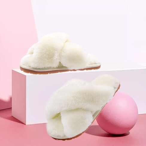 ISZPLUSH Girl's Fluffy Slippers Kids' Fuzzy Slippers Slide Sandals Leopard Tie Dye Cross Band Plush Open Toe Slip on House Bedroom Slippers in Kuwait