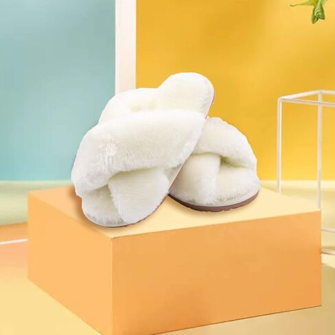 ISZPLUSH Girl's Fluffy Slippers Kids' Fuzzy Slippers Slide Sandals Leopard Tie Dye Cross Band Plush Open Toe Slip on House Bedroom Slippers in Kuwait