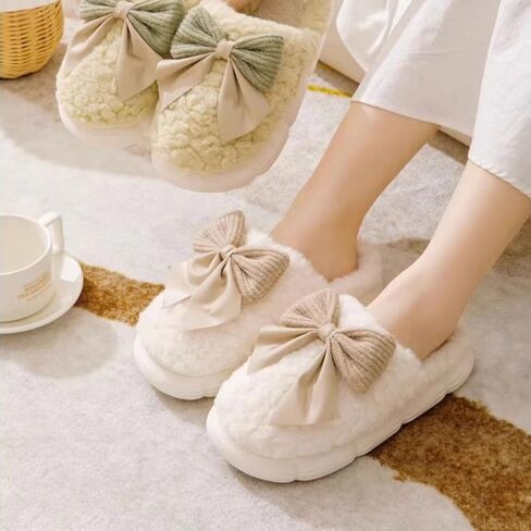 Plush Cute Bow Slippers for Women – Furry Comfy Indoor Outdoor Non-Slip House Slippers in Saudi Arabia