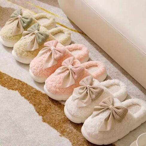 Plush Cute Bow Slippers for Women – Furry Comfy Indoor Outdoor Non-Slip House Slippers in Saudi Arabia