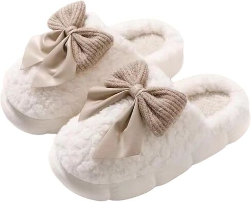 Plush Cute Bow Slippers for Women – Furry Comfy Indoor Outdoor Non-Slip House Slippers in Saudi Arabia
