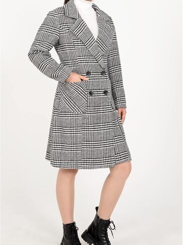 Hacikis Womens Houndstooth Wool Blend Trench Coat Notch Lapel Double Breasted Winter Outwear Pea Coats in Saudi Arabia