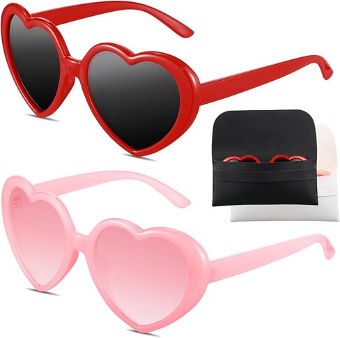 auroray Heart Sunglasses for Women Men, 2 Pairs Oversized Red Heart Shaped Sunglasses Pink Love Heart Glasses with 2 Leather Eyeglasses Pouch, Retro Fun Vintage Cute Sunglasses in Kuwait