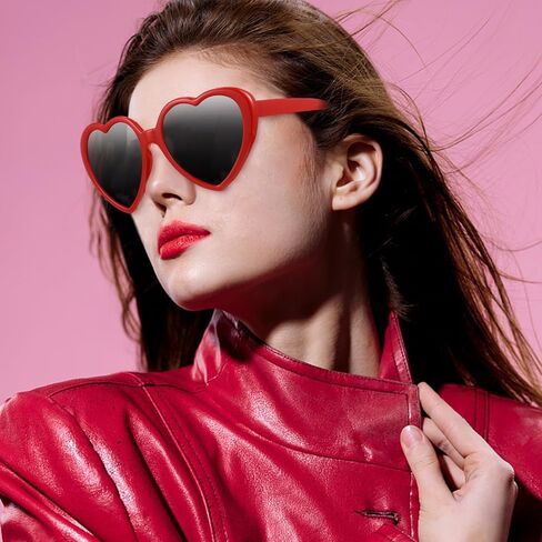 auroray Heart Sunglasses for Women Men, 2 Pairs Oversized Red Heart Shaped Sunglasses Pink Love Heart Glasses with 2 Leather Eyeglasses Pouch, Retro Fun Vintage Cute Sunglasses in Kuwait