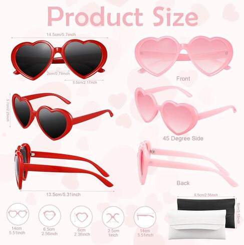 auroray Heart Sunglasses for Women Men, 2 Pairs Oversized Red Heart Shaped Sunglasses Pink Love Heart Glasses with 2 Leather Eyeglasses Pouch, Retro Fun Vintage Cute Sunglasses in Kuwait