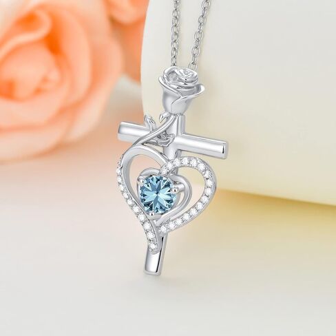 PROESS Mothers Day Gifts Cross Necklace for Women Girls Birthstone Cross Necklace for Women Girls Sterling Silver Rose Heart Pendant Necklace Anniversary Birthday Jewelry Gifts Wife Mom Lady Her in Saudi Arabia
