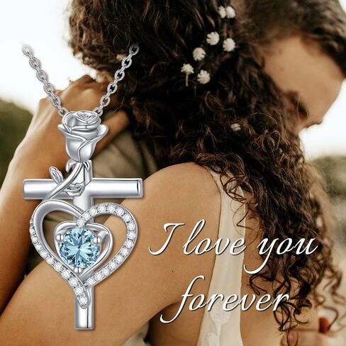 PROESS Mothers Day Gifts Cross Necklace for Women Girls Birthstone Cross Necklace for Women Girls Sterling Silver Rose Heart Pendant Necklace Anniversary Birthday Jewelry Gifts Wife Mom Lady Her in Saudi Arabia