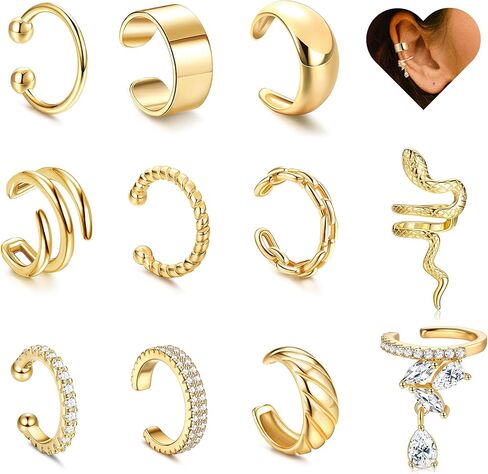 Subiceto 11 قطعة أقراط أذن ذهبية للنساء بدون ثقب 14 قيراط مطلية بالذهب قابلة للتعديل أقراط الكفة الغضروفية المزيفة مشبك على الأذن مجموعة أساور الأذن كليب in Kuwait