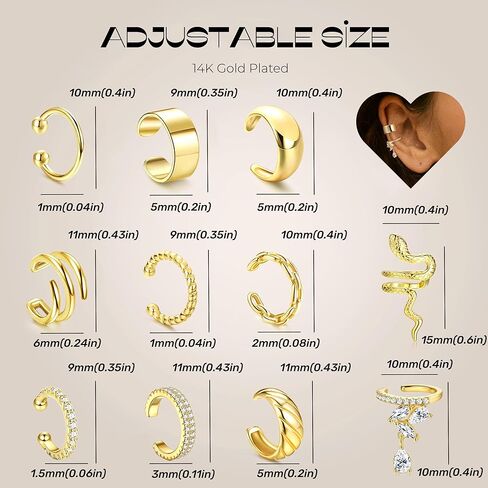 Subiceto 11 قطعة أقراط أذن ذهبية للنساء بدون ثقب 14 قيراط مطلية بالذهب قابلة للتعديل أقراط الكفة الغضروفية المزيفة مشبك على الأذن مجموعة أساور الأذن كليب in Kuwait