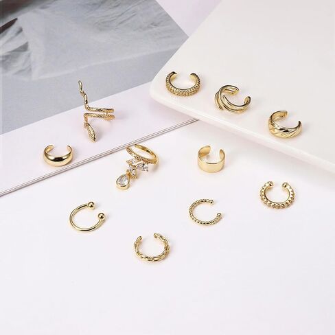 Subiceto 11 قطعة أقراط أذن ذهبية للنساء بدون ثقب 14 قيراط مطلية بالذهب قابلة للتعديل أقراط الكفة الغضروفية المزيفة مشبك على الأذن مجموعة أساور الأذن كليب in Kuwait