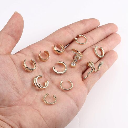 Subiceto 11 قطعة أقراط أذن ذهبية للنساء بدون ثقب 14 قيراط مطلية بالذهب قابلة للتعديل أقراط الكفة الغضروفية المزيفة مشبك على الأذن مجموعة أساور الأذن كليب in Kuwait