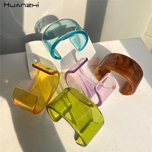Pingyongchang Bangle Cuff Bracelets Chunky Bracelets for Women Colorful Irregular Resin Acetate Wristbands Retro Wide Geometric Transparent Bracelet Best Christmas Birthday Gifts in Kuwait