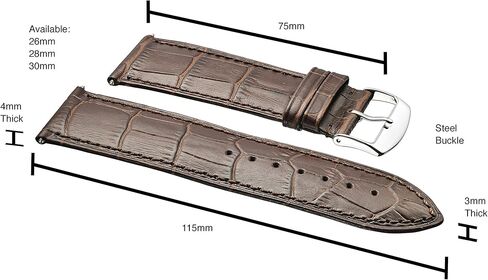 ALPINE Genuine alligator grain stitched leather watch band (fits wrist sizes 6 - 7 1/2 inch)- white, black, brown, red, blue - 26mm, 28mm, 30mm in Kuwait