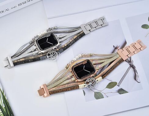 سوار بوهو مطرز لساعة أبل 40 مم 38 مم 41 مم 44 مم 42 مم 45 مم للنساء، إكسسوارات حزام لف جلدي متعدد الطبقات مصنوع يدويًا لسلسلة iWatch Bands SE 9 8 7 6 5 4 3 2 1 in Kuwait