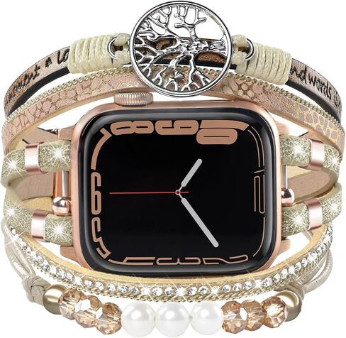 سوار بوهو مطرز لساعة أبل 40 مم 38 مم 41 مم 44 مم 42 مم 45 مم للنساء، إكسسوارات حزام لف جلدي متعدد الطبقات مصنوع يدويًا لسلسلة iWatch Bands SE 9 8 7 6 5 4 3 2 1 in Kuwait