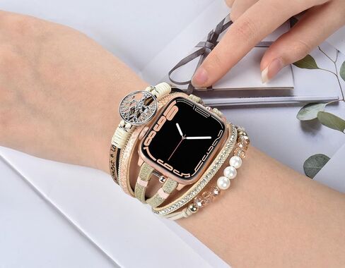 سوار بوهو مطرز لساعة أبل 40 مم 38 مم 41 مم 44 مم 42 مم 45 مم للنساء، إكسسوارات حزام لف جلدي متعدد الطبقات مصنوع يدويًا لسلسلة iWatch Bands SE 9 8 7 6 5 4 3 2 1 in Kuwait