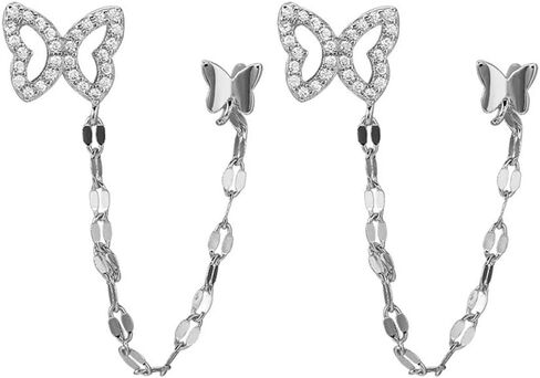 Double Butterfly Chain Cuff Wrap CZ 925 Sterling Silver Stud Crawler Climber Earrings for Women Girls Cartilage Threader Tassel Dangle Hypoallergenic Cute Animal Gifts for Bff Birthday in Saudi Arabia