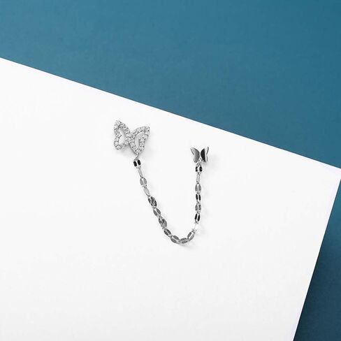 Double Butterfly Chain Cuff Wrap CZ 925 Sterling Silver Stud Crawler Climber Earrings for Women Girls Cartilage Threader Tassel Dangle Hypoallergenic Cute Animal Gifts for Bff Birthday in Saudi Arabia