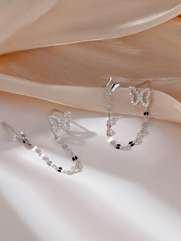 Double Butterfly Chain Cuff Wrap CZ 925 Sterling Silver Stud Crawler Climber Earrings for Women Girls Cartilage Threader Tassel Dangle Hypoallergenic Cute Animal Gifts for Bff Birthday in Saudi Arabia