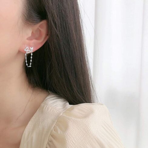 Double Butterfly Chain Cuff Wrap CZ 925 Sterling Silver Stud Crawler Climber Earrings for Women Girls Cartilage Threader Tassel Dangle Hypoallergenic Cute Animal Gifts for Bff Birthday in Saudi Arabia