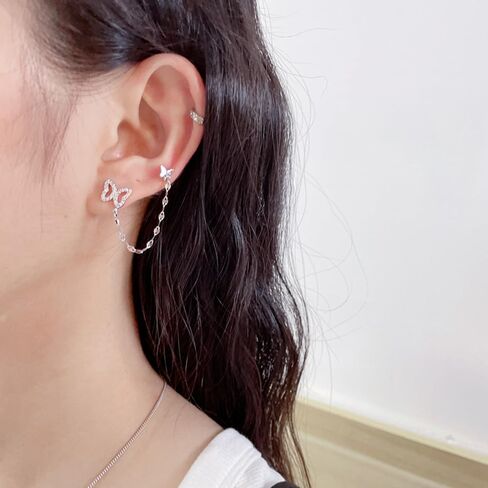 Double Butterfly Chain Cuff Wrap CZ 925 Sterling Silver Stud Crawler Climber Earrings for Women Girls Cartilage Threader Tassel Dangle Hypoallergenic Cute Animal Gifts for Bff Birthday in Saudi Arabia