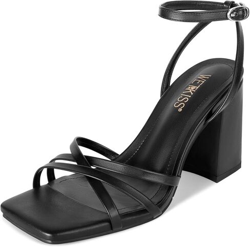 كعب مكتنز من ويت كيس للنساء بكعب عريض للنساء 3.35 بوصة ارتفاع الكعب مع حزام كاحل قابل للتعديل مربع مفتوح عند الأصابع لحفلات العودة للوطن، ذهبي أسود وأبيض in Kuwait