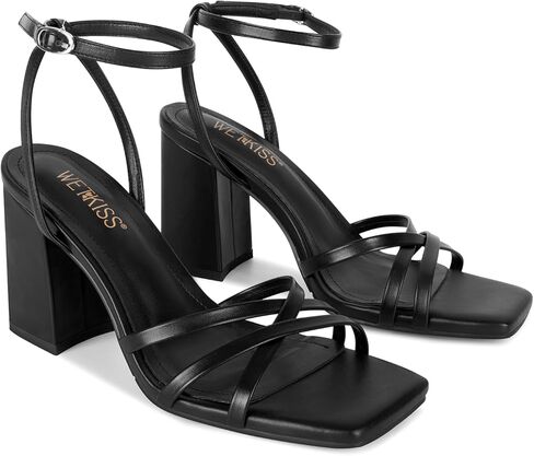 كعب مكتنز من ويت كيس للنساء بكعب عريض للنساء 3.35 بوصة ارتفاع الكعب مع حزام كاحل قابل للتعديل مربع مفتوح عند الأصابع لحفلات العودة للوطن، ذهبي أسود وأبيض in Kuwait