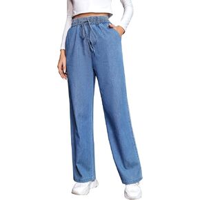 بنطال جينز نسائي واسع الساق من Love Welove Fashion برباط مطاطي عالي الخصر مع جيوب مقاس كبير 3XL in Kuwait