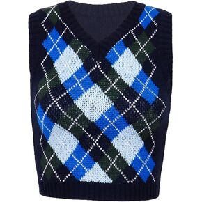 سترة نسائية من TSSOE Y2K Argyle منقوشة محبوكة برقبة على شكل V 90s E-Girls Preppy نمط إنجلترا تريكو تانك القمم in Kuwait